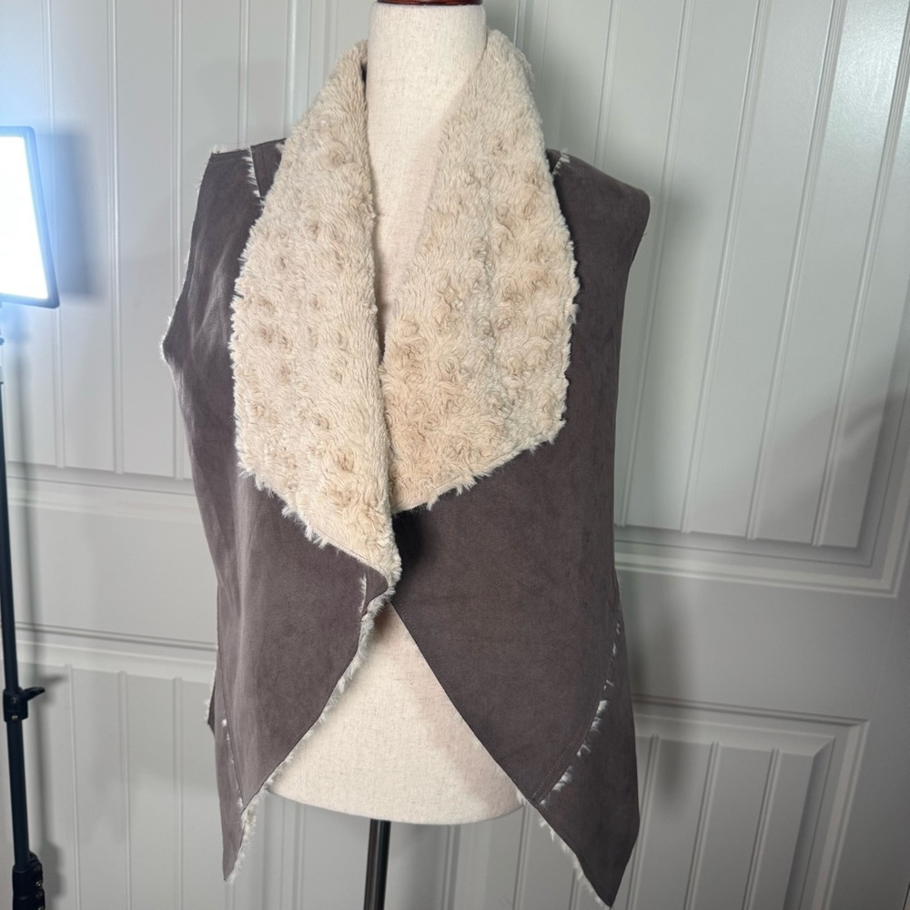 Favlux Women Vest Regular Brown Faux Suede Fur Trim Open Front Small‎